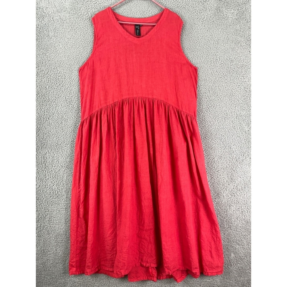 Focus Linen Sleeveless Midi Dress Womens L Red Excellent Empire Waist Coastal